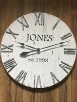 Load image into Gallery viewer, 24" White Farmhouse Rustic Distressed Wall Clock, Can be Personalized with Family Last Name Established Year
