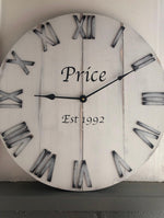 Load image into Gallery viewer, 24" White Farmhouse Rustic Distressed Wall Clock, Can be Personalized with Family Last Name Established Year
